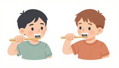 Two young boys brushing teeth for morning hygiene routine illustration