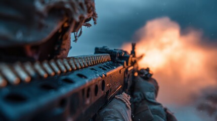 Naklejka premium Camouflaged Soldier Firing Belt-Fed Machine Gun Amidst Smoke and Flash