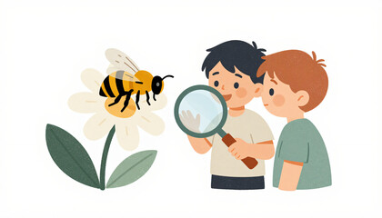 Two boys observing bee on flower with magnifying glass illustration © AEMAEM