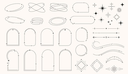 Minimal decorative frames and dividers set with vintage sparkle elements hand drawn thin line borders arrows stars swirls labels badges UI accents for branding packaging, social media posters invites © Anna (Bile Platno)