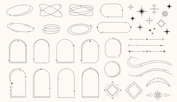 Minimal decorative frames and dividers set with vintage sparkle elements hand drawn thin line borders arrows stars swirls labels badges UI accents for branding packaging, social media posters invites