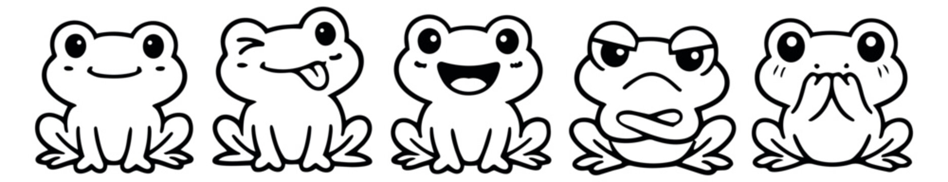 Hand drawn line art frog set featuring different emotional expressions for kids' designs