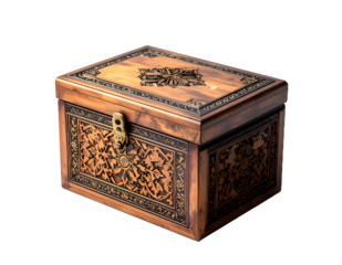 Ornate wooden treasure chest with detailed carvings.