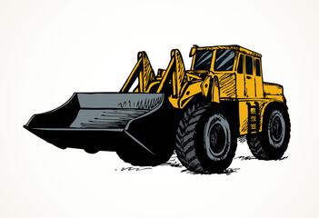 Steel scrape push load traction on big rubber bus tire isolated on white background. Bright yellow color hand drawn sign icon picture doodle style with space for text on sand dirt land quarry