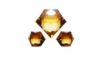 Three glowing yellow gemstones arranged in a triangular formation isolated on a transparent background