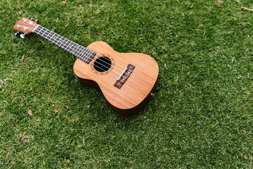 A classic brown acoustic ukulele with white wooden strings rests on the green grass like a folk musical instrument ready to play a jazz and rock music concert