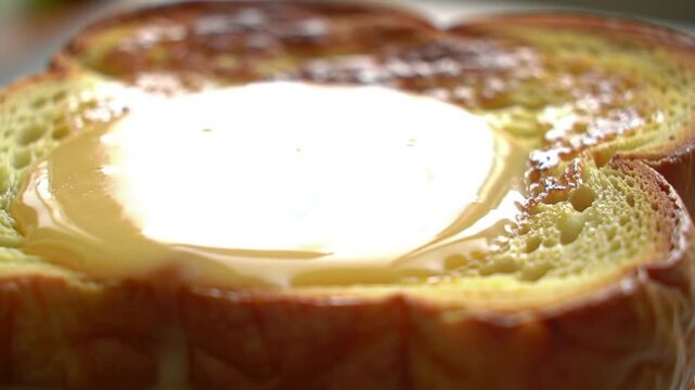 Close up of golden sauce pouring over toasted bread for culinary concepts