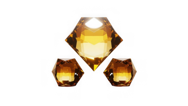 Three glowing yellow gemstones arranged in a triangular formation isolated on a transparent background - Powered by Adobe