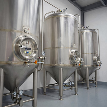 Industrial craft brewery fermentation cellar with conical stainless steel tanks, gauges and temperature control systems