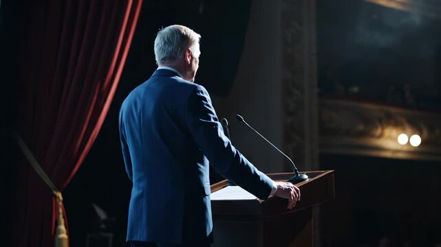 Man speaker stands at podium with microphone on stage beside curtain. Male presenter delivers speech at podium. Speaker at lectern on theater stage. Man presents from podium in auditorium hall.