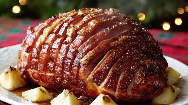 A close-up shot of a glazed ham, sliced, garnished with pineapple on a white plate