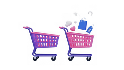 Two colorful shopping carts with floating shopping bag and heart isolated on a transparent background