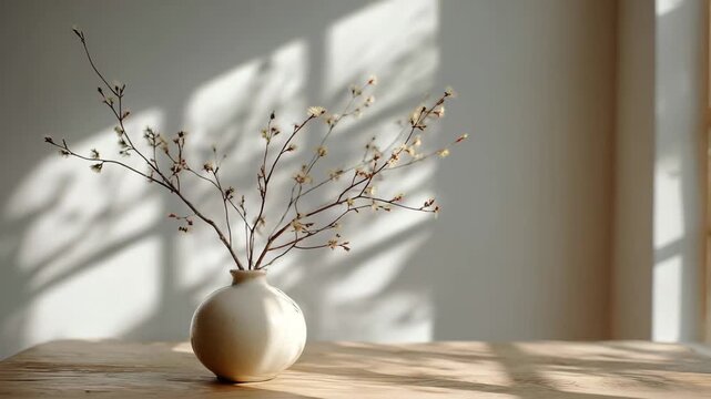 Elegant white vase with delicate branches is positioned on a wooden table, showcasing the gradual shift of light and shadow across the surface and surrounding space
