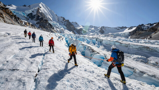 Glacier crossing: a mountain guide leads a rope team across blue crevasses under a harsh high-altitude sun