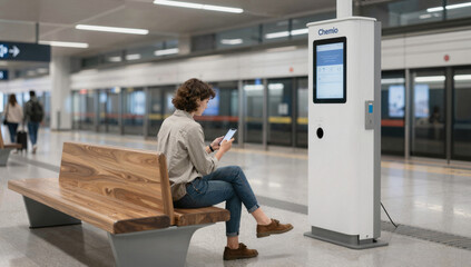 A person sits on a wooden bench in a modern transit hub, charging their phone from a public station while waiting for departure.