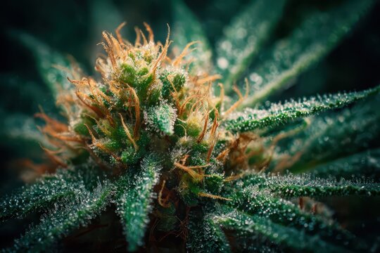 Macro close-up of a cannabis cola in late flowering with visible pistils and frosty trichomes