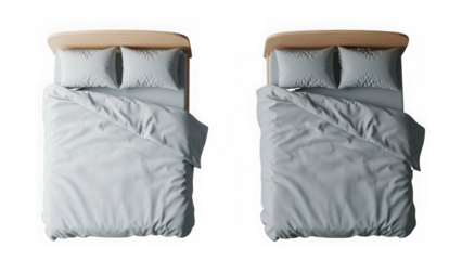 Two neatly made beds with light grey bedding and wooden headboards isolated on a transparent background
