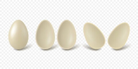 Vector 3d White Chocolate Egg Set with Multiple Angles. Whole and Half Shell Candy Mockup, Isolated. Sweet Dessert Template for Easter, Packaging and Branding Design