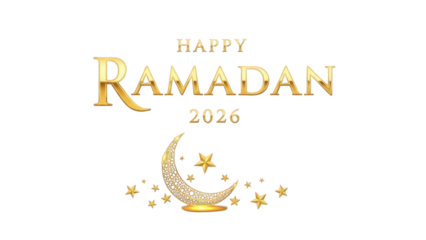 Happy ramadan 2026 greeting card with golden crescent moon and stars isolated on transparent background