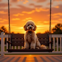 fluffy golden doodle on a porch swing during golden hour