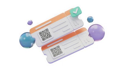 Two QR code cards with checkmark and bubbles in vibrant colors isolated on a transparent background
