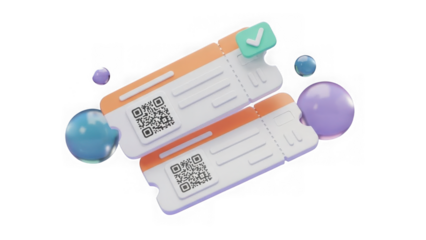 Two QR code cards with checkmark and bubbles in vibrant colors isolated on a transparent background