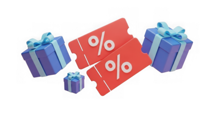 Two red tickets with percent symbols and three purple gift boxes... isolated on a transparent background