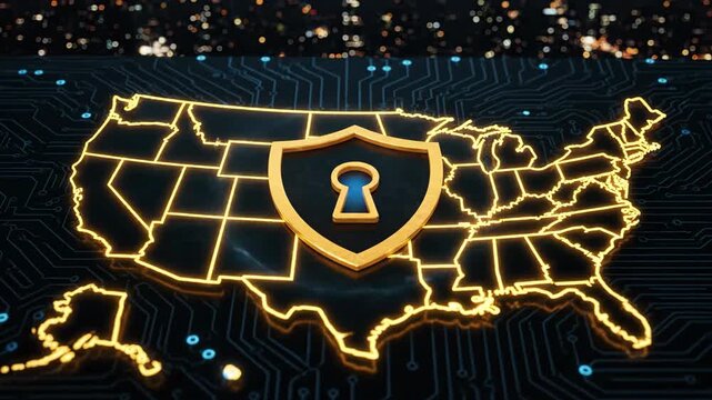 Digital USA security shield with keyhole on dark circuit board background.