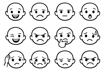 Hand drawn line art emoticon set featuring diverse facial expressions for digital communication and user interface design