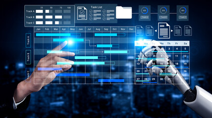 A human hand interacts with a robotic arm in a digital project management interface showcasing a...