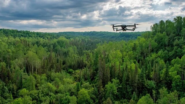 Drone flying over a lush woodland canopy collecting realtime imaging data to track tree development through AI systems.