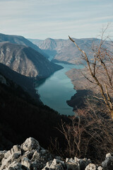 View of Perucac Lake stretching through mountain canyon from rocky viewpoint in Tara National Park, Serbia. Dramatic natural landscape with steep slopes.