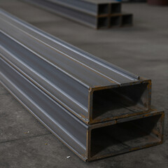 Obraz premium Cinematic steel girders: stacked rectangular hollow sections in a gritty warehouse