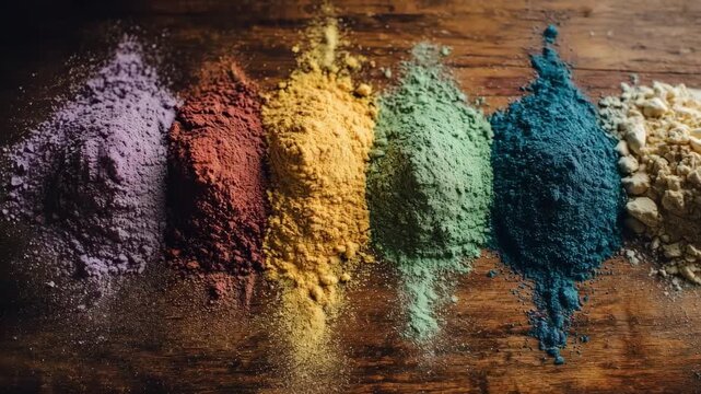 Medium shot of vibrant upcycled flour blends displayed on a wooden table emphasizing zerowaste food innovation for ecoconscious consumers.