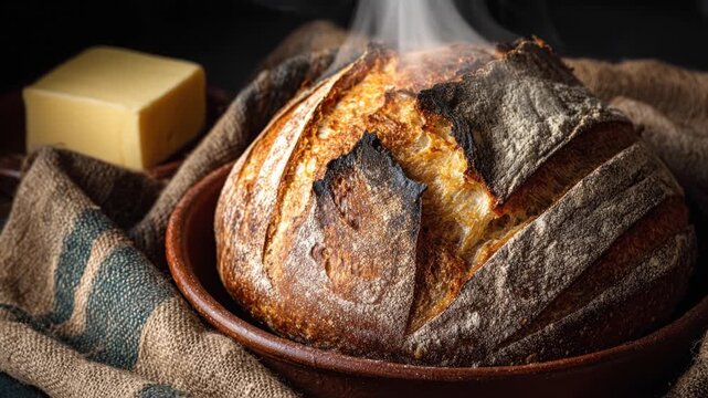 A close-up shot of a crusty loaf of bread in a clay bowl, with a pat of butter, and cloth