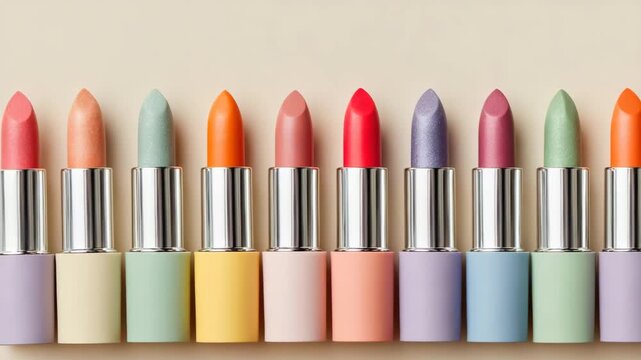 Colorful collection of lipsticks displayed in a row with varying shades and pastel-colored casings showcasing vibrant hues and glossy finishes for beauty enthusiasts and makeup lovers
