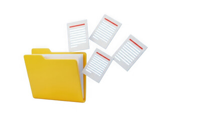 Yellow folder with three white documents flying out of it isolated on a transparent background