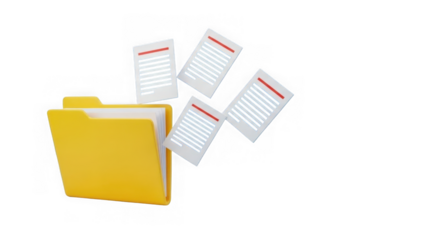 Yellow folder with three white documents flying out of it isolated on a transparent background