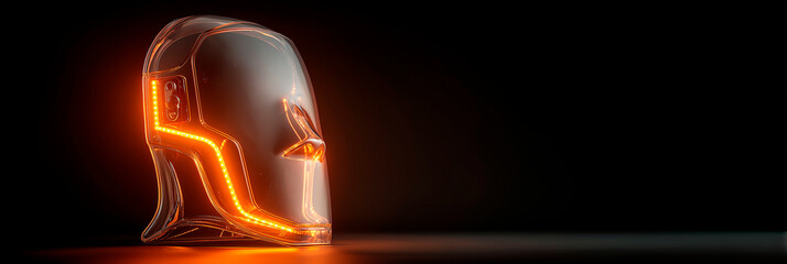 Glowing orange LED face mask offers advanced skincare treatment. Futuristic beauty device uses light therapy for rejuvenation. Modern cosmetic tool for radiant skin, wellness, and health