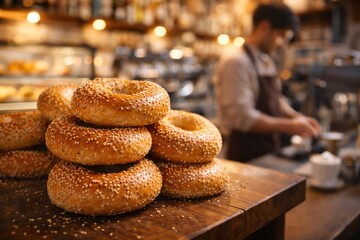 Freshly baked sesame bagels in artisan bakery interior