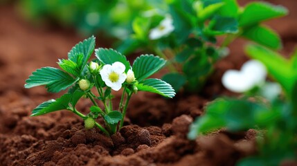 Strawberry Plant with White Flowers Growing in Soil