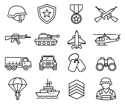 Line art military icon set featuring soldier equipment, vehicles, and symbols for armed forces concepts