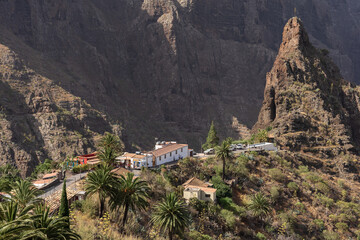 Masca Valley village with white houses, red roofs and palm trees amid dramatic volcanic cliffs, Tenerife, Canary Islands, Spain.