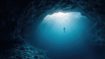 Scuba Diver Silhouette in Underwater Cave with Sunlight