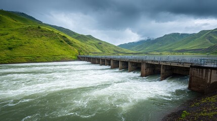 Hydroelectric Dam Releasing Water in Green Mountain Valley