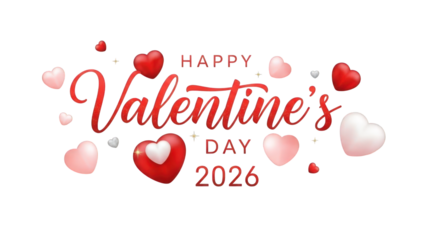 Happy valentine's day 2026 greeting card with red hearts isolated on transparent background