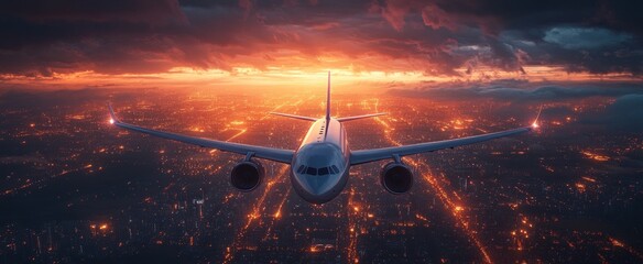 Aerial view of a jet flying above a city with glowing lights at dusk