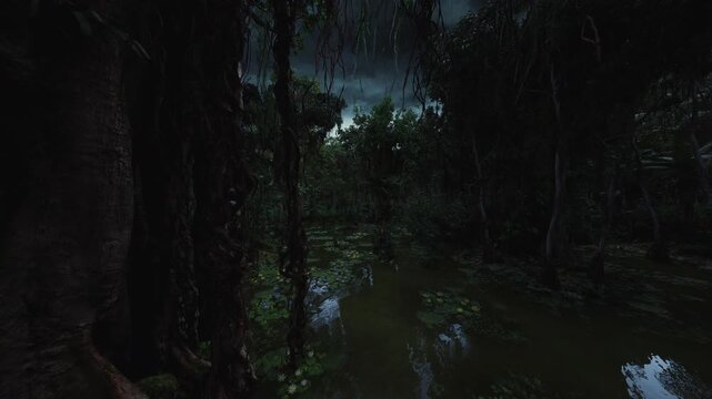 twilight cloudy sky over flooded marsh with dark silhouettes of trees and wet reflections, cinematic location scout frame for moody film shoots, dramatic clouds