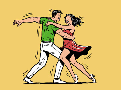 Vintage comic illustration of couple dancing swing or rockabilly. Retro pop art dance poster design for t shirt print, sticker, or background.