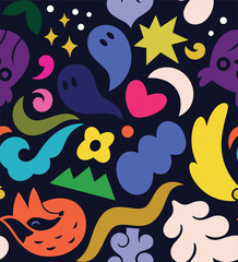 Seamless pattern with playful folk Icons in colorful style